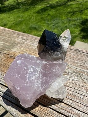 Handmade Rose Quartz Cluster with Smoky & Clear Quartz Accent